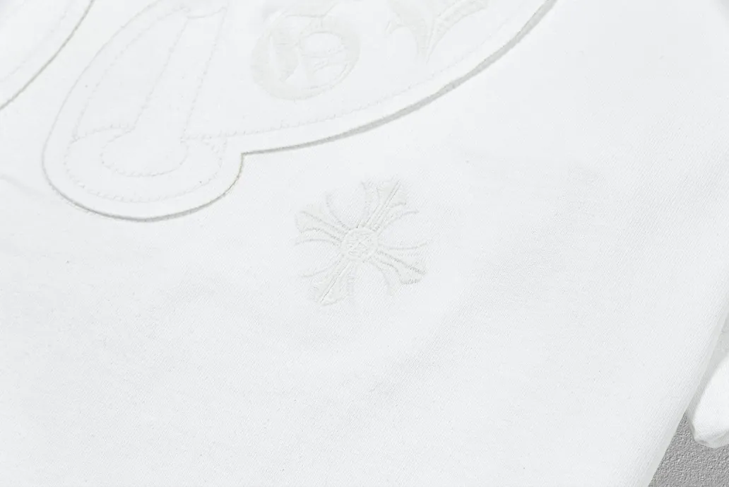 🅿️200 [CH Crow Heart] 2025FW short-sleeved T-shirt, patch embroidery, high-end 26s double yarn 300g fabric, heavy fabric, custom stretcher rib, same cylinder and dye, complete three standards, same style for men and women, color: black, white, size: S M L XL 2XL